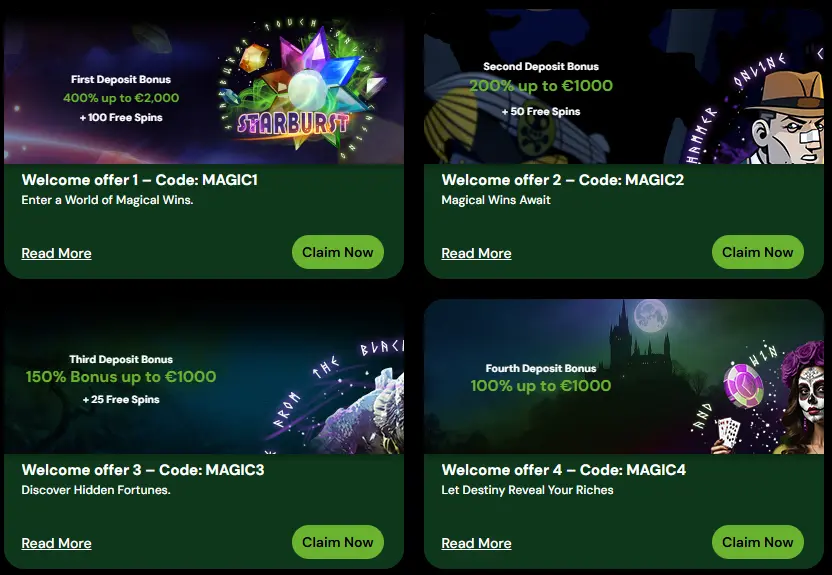 Four-step welcome package starting at 400% + 100 free spins, codes MAGIC1–MAGIC4